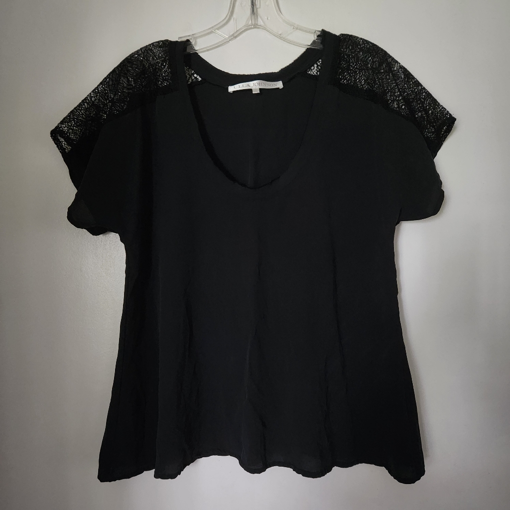 Ulla Johnson Blouse Short Sleeve Black W/Lace Size 8